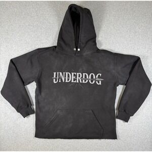 Underdog Logo Pullover Hoodie Black Graphic Sweatshirt Men's XL Cropped